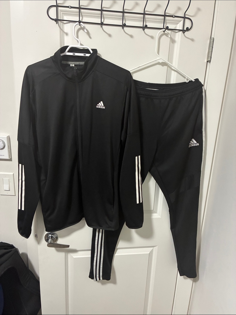 adidas Black Track Jacket and Pants with White Stripe Accents